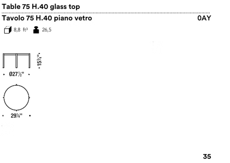 Armada Side Table by Moroso, size drawing: Table 75 H.40 glass top