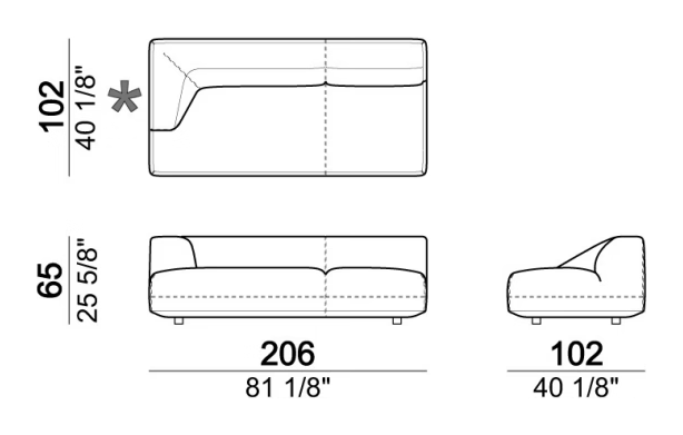 Starman Sofa by Arketipo, size drawing: Right or left unit
