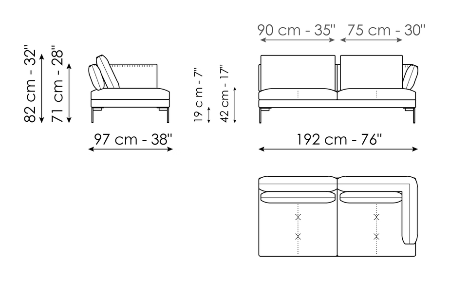 Aliante Sofa by Bonaldo, size drawing: End section sofa 192