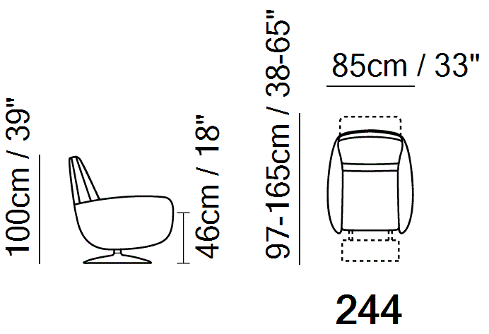 Genny Recliner by Natuzzi Italia, size drawing