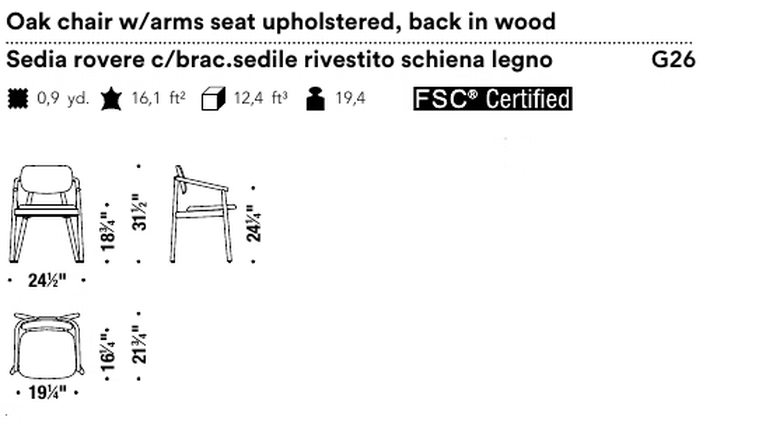 Klara Dining Chair by Moroso, size drawing: Oak chair w/arms seat upholstered, back in wood