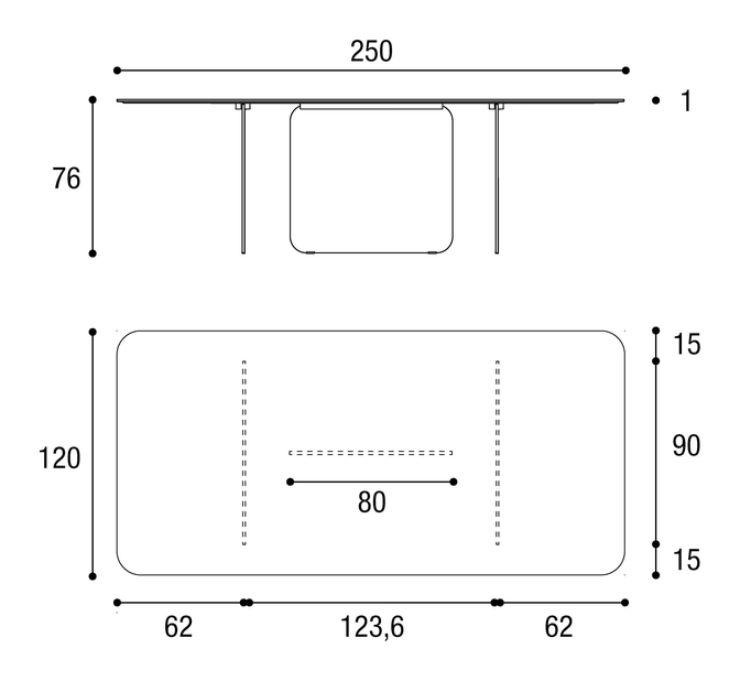 Air Soft Table by Lago, size drawing: 2205G · 2205X