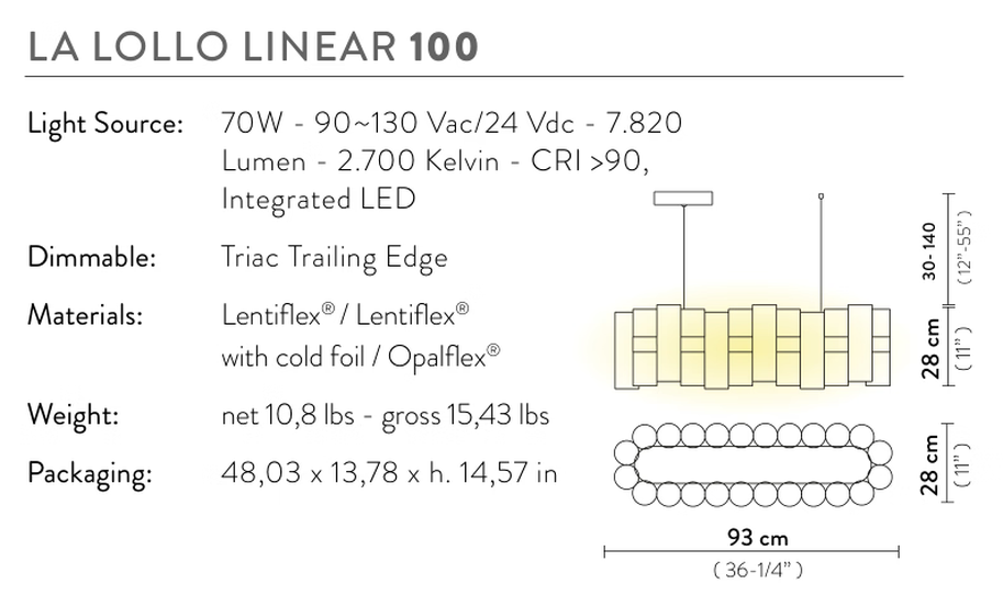 La Lollo Pendant Lamp by Slamp, size drawing: La Lollo Linear 100