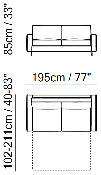 Capriccio Sofa Bed by Natuzzi Italia: Three-seater sofa-bed with Greenplus mattress, outline drawing with sizes