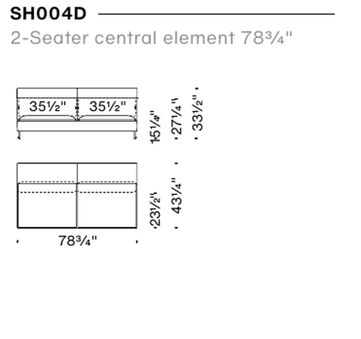 Shanghai Tip Sofa by Moroso, size drawing: 2-Seater central element 78¾"