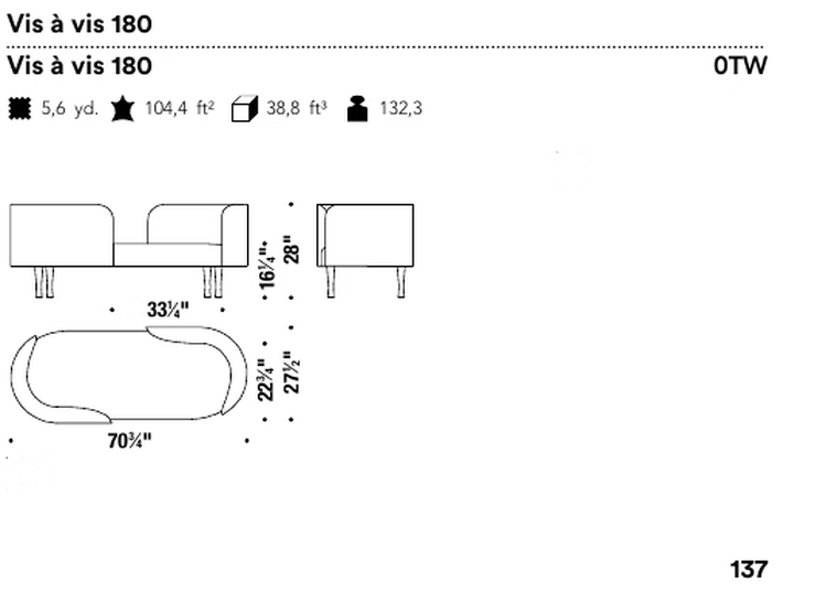 Josephine Sofa by Moroso, size drawing: Vis à vis 180