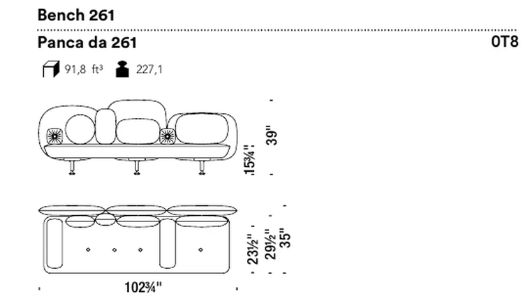 My Beautiful Backside Sofa by Moroso, size drawing: Bench 261