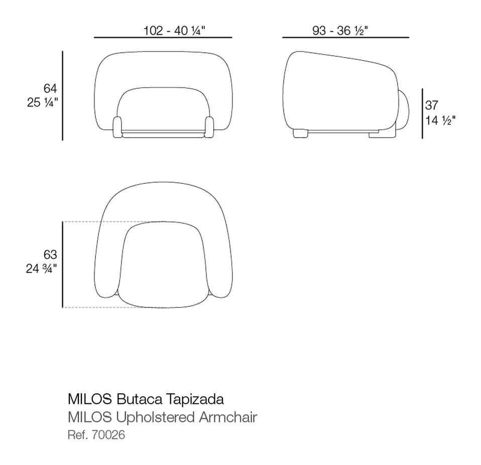 Milos Upholstered Lounge Chair by Vondom, size drawing