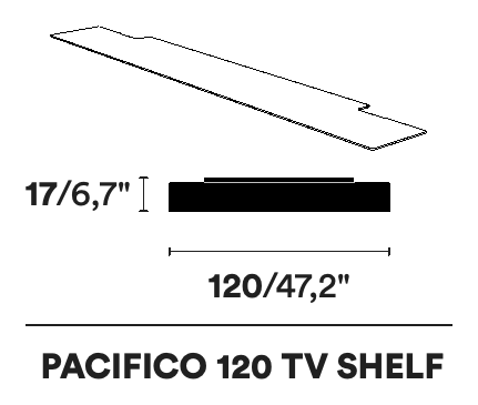 Pacifico Shelving System by Opinion Ciatti, size drawing: PACIFICO 120 TV SHELF