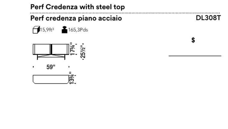 Perf Cabinet by Moroso, size drawing: Perf Credenza with steel top