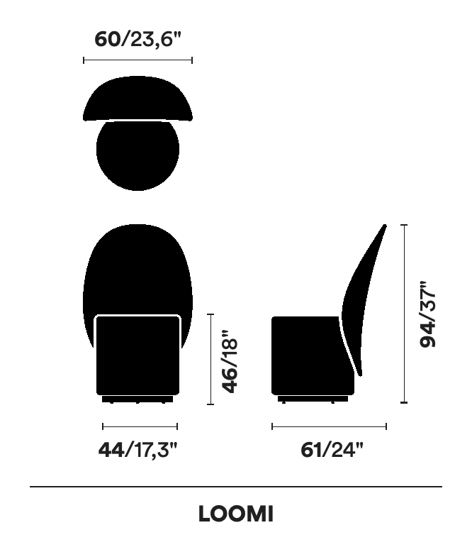 Loomi Armchair by Opinion Ciatti, size drawing: LOOMI