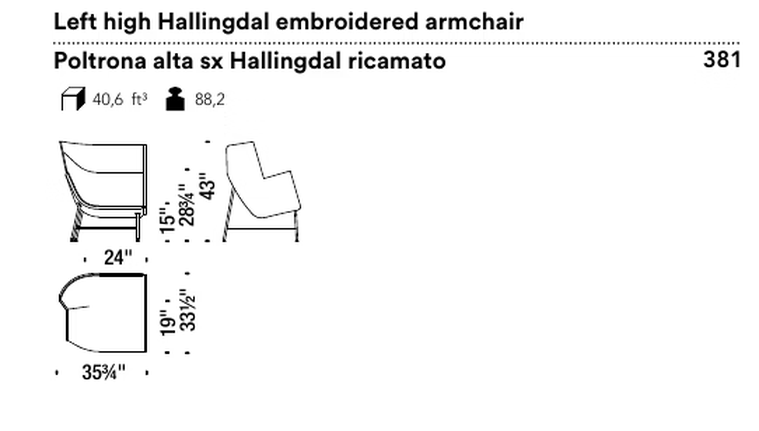 Paper Planes Armchair by Moroso, size drawing: Left high Hallingdal embroidered armchair