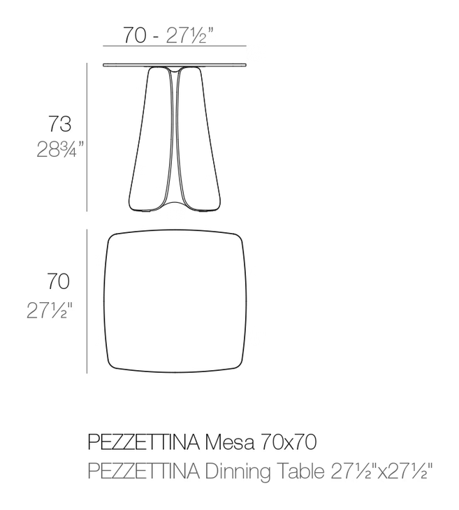 Pezzettina Dining Table by Vondom, size drawing