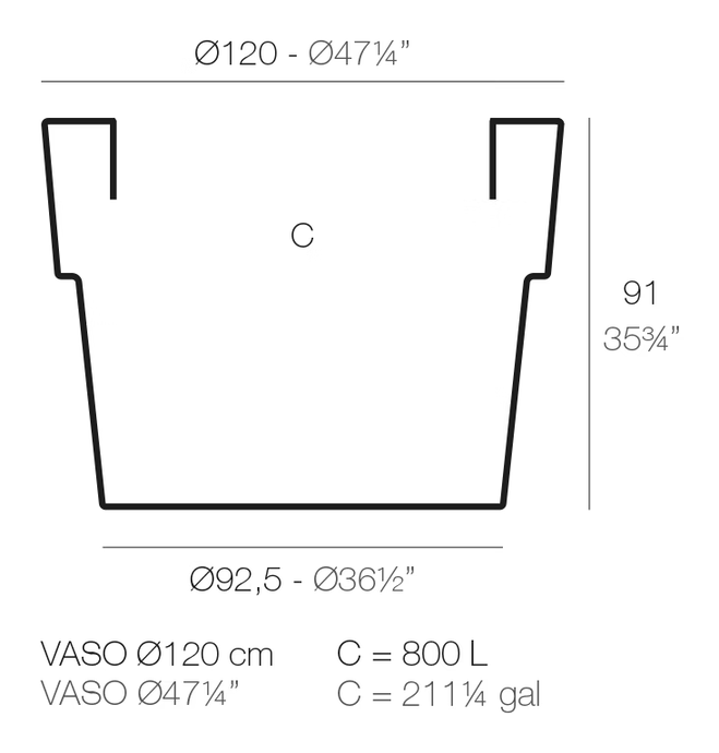 Vaso Planter by Vondom, size drawing