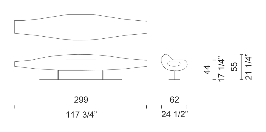 InOut Lido Bench by Cappellini, size drawing: IO_1S