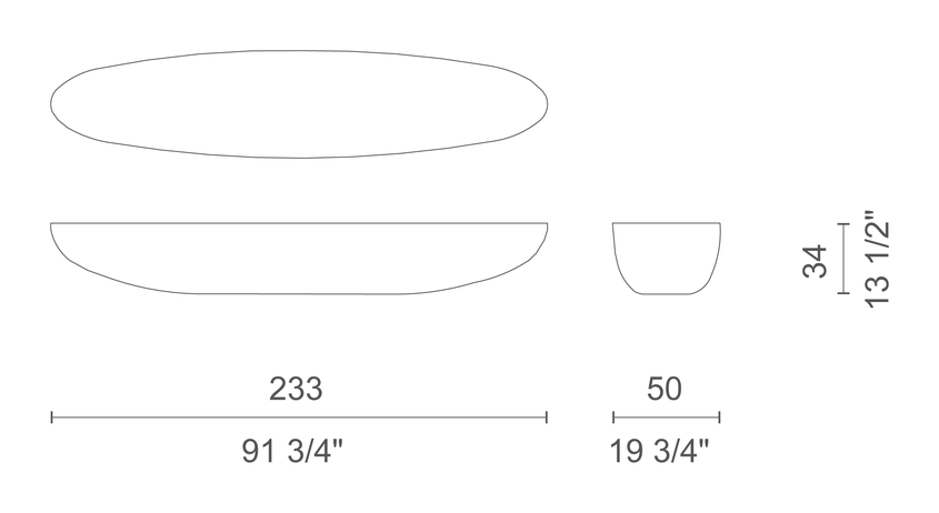 Poh (Patchwork Oval Hemisphere) Bench by Cappellini, size drawing