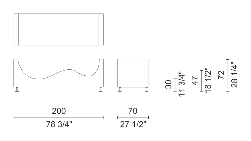 Three Sofa de Luxe by Cappellini, size drawing: TSA6