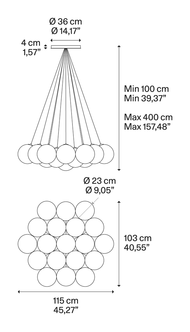 Random Cloud Pendant Lamp by Lodes, size drawing: Random Cloud 19 Lights Ø23