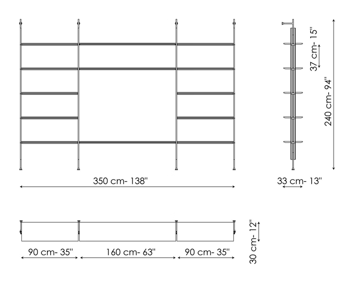 Roll Bookshelf by Bonaldo, size drawing: Wall fixing tv-stand module