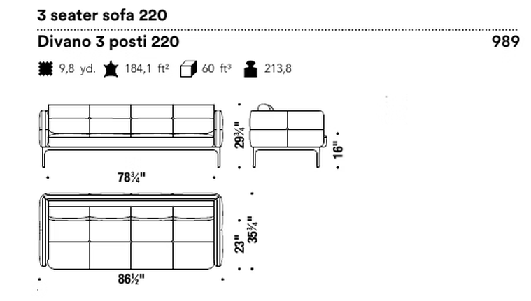 Modernista Sofa by Moroso, size drawing: 3 seater sofa 220