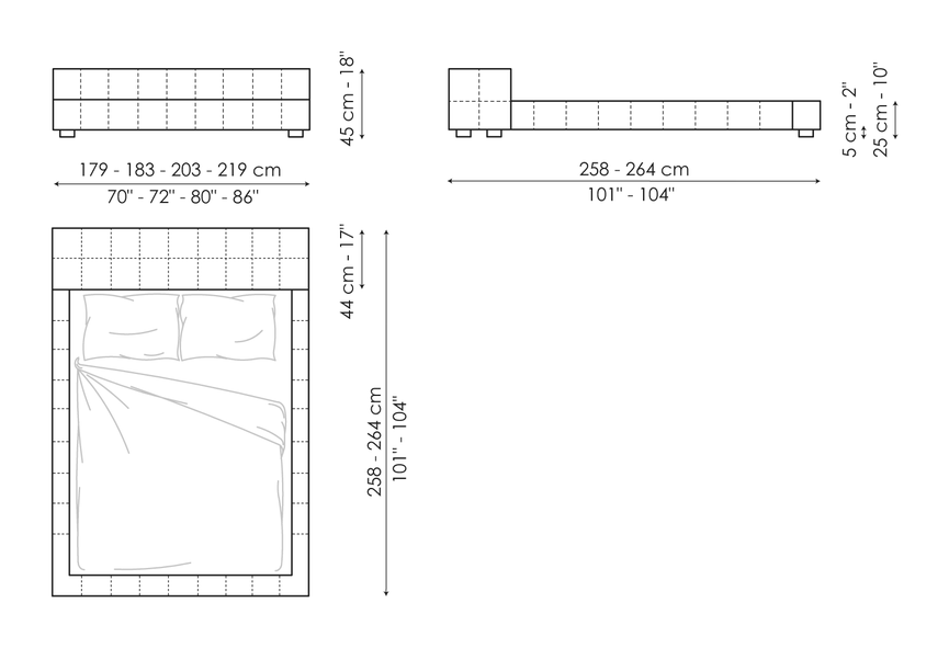 Squaring Double Bed by Bonaldo, size drawing: Squaring isola alta variante A