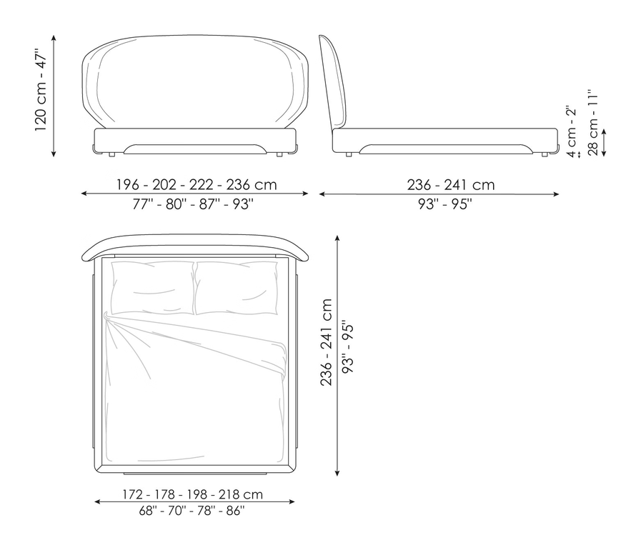 Olos Bed by Bonaldo, size drawing: Olos bed hi plus