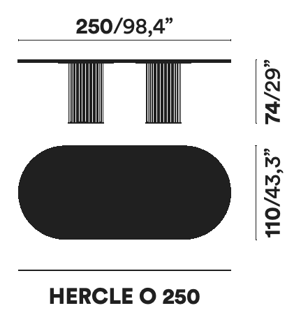 Hercle Dining Table by Opinion Ciatti, size drawing: HERCLE O 250