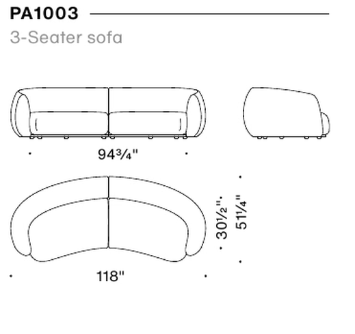 Pacific Sofa by Moroso, size drawing: 3-Seater sofa