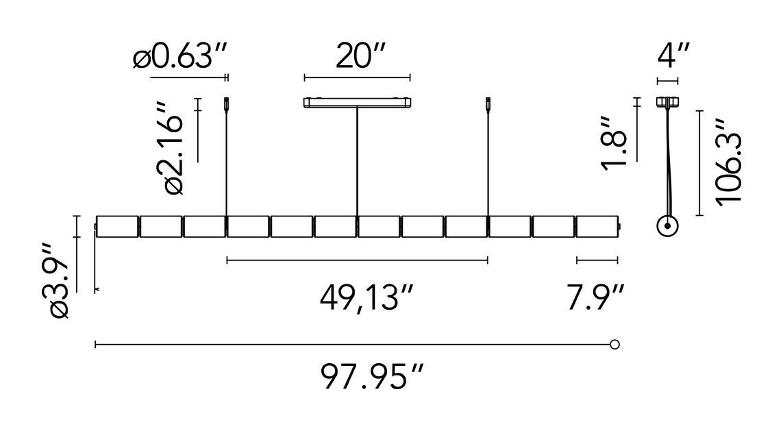 Luce Cilindrica Pendant Lamp by Flos, size drawing: Luce Cilindrica S3