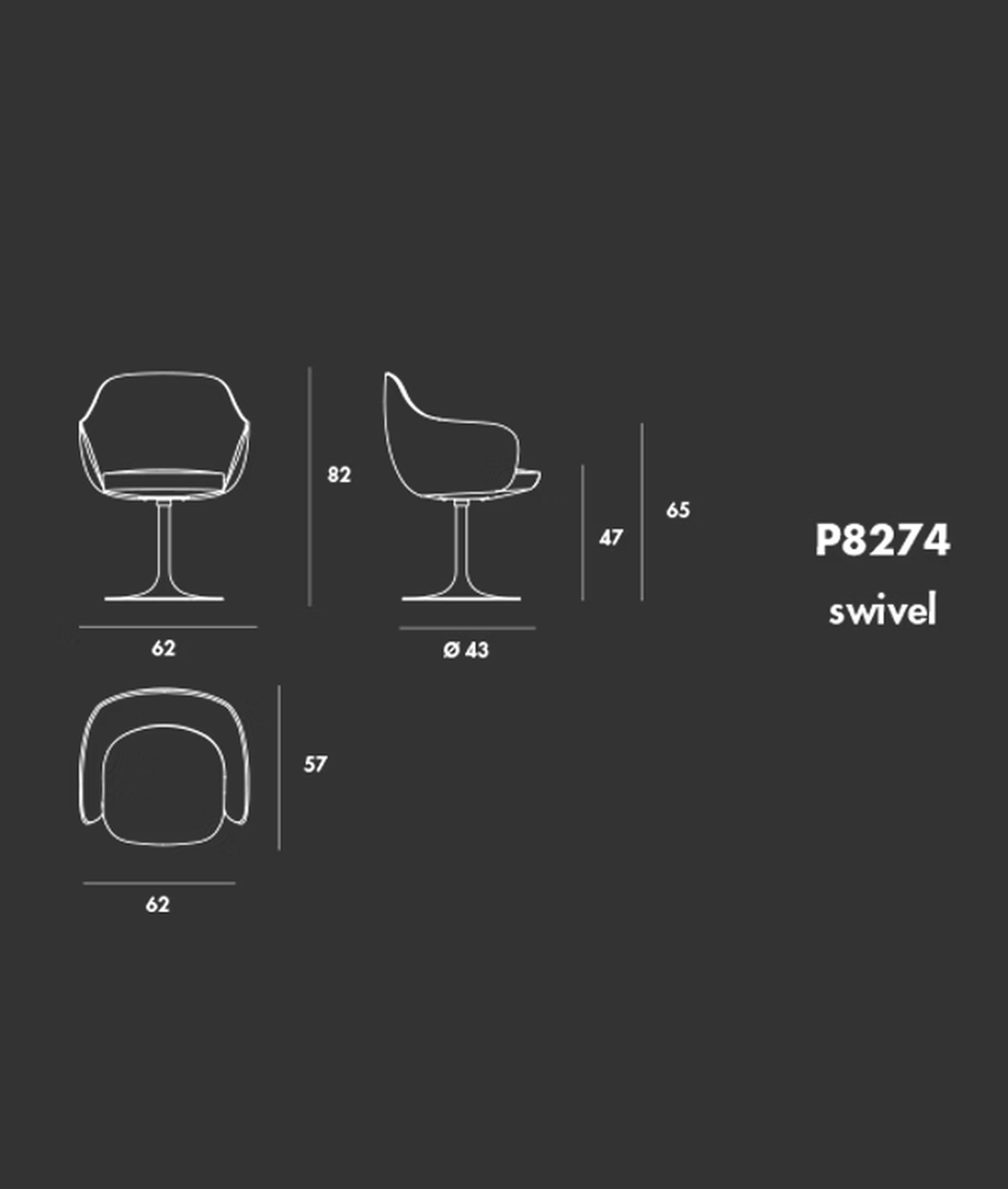 Cadira Swivel Chair by Sovet, size drawing