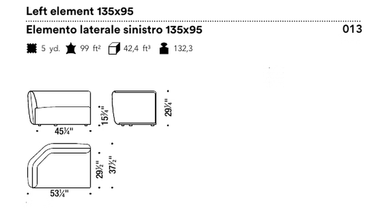 Chamfer Sofa by Moroso, size drawing: Left element 135x95