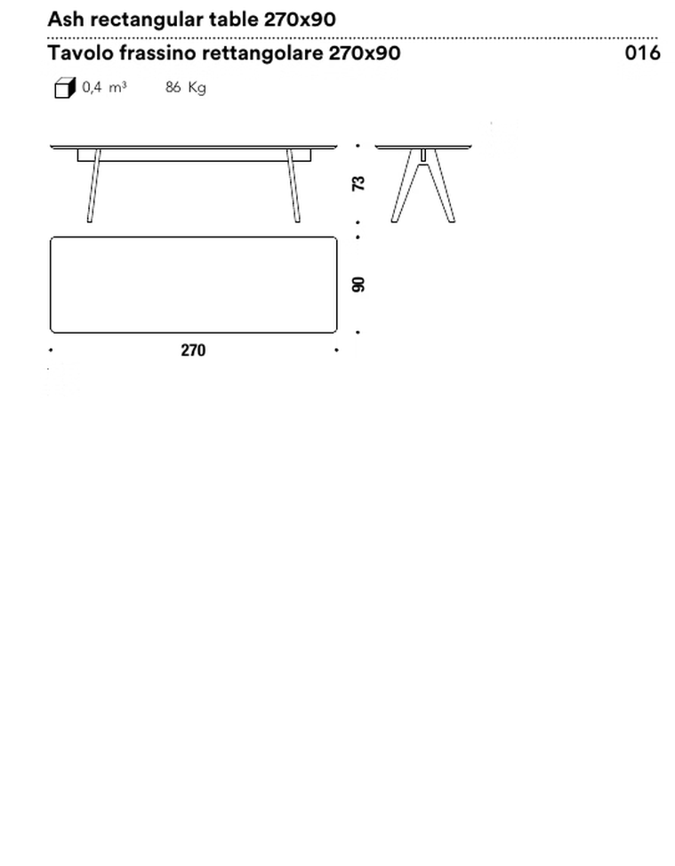 Mathilda Dining Table by Moroso, size drawing: Ash rectangular table 270x90