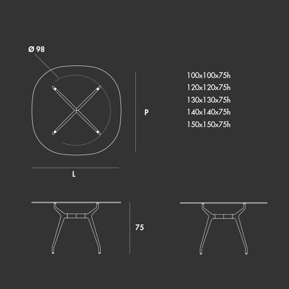 Arkos Shaped Square Table by Sovet, size drawing