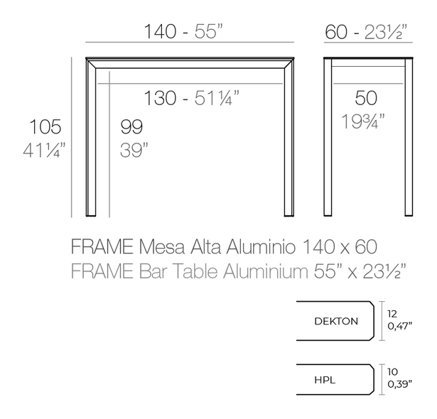 Frame Aluminum High Table by Vondom, size drawing