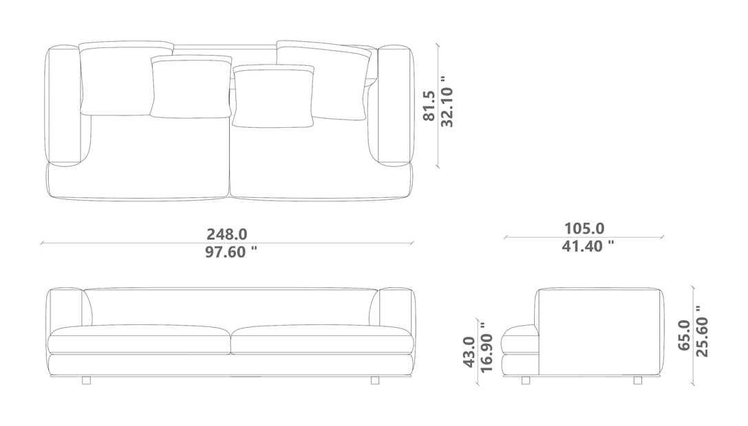 Marvin Sofa 240 by Talenti, size drawing