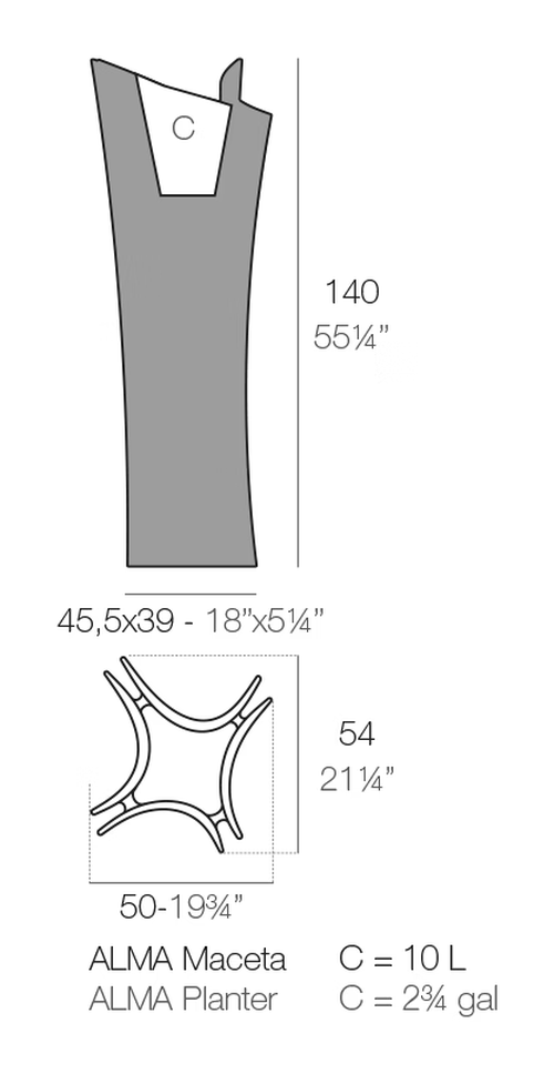 Alma Planter by Vondom, size drawing