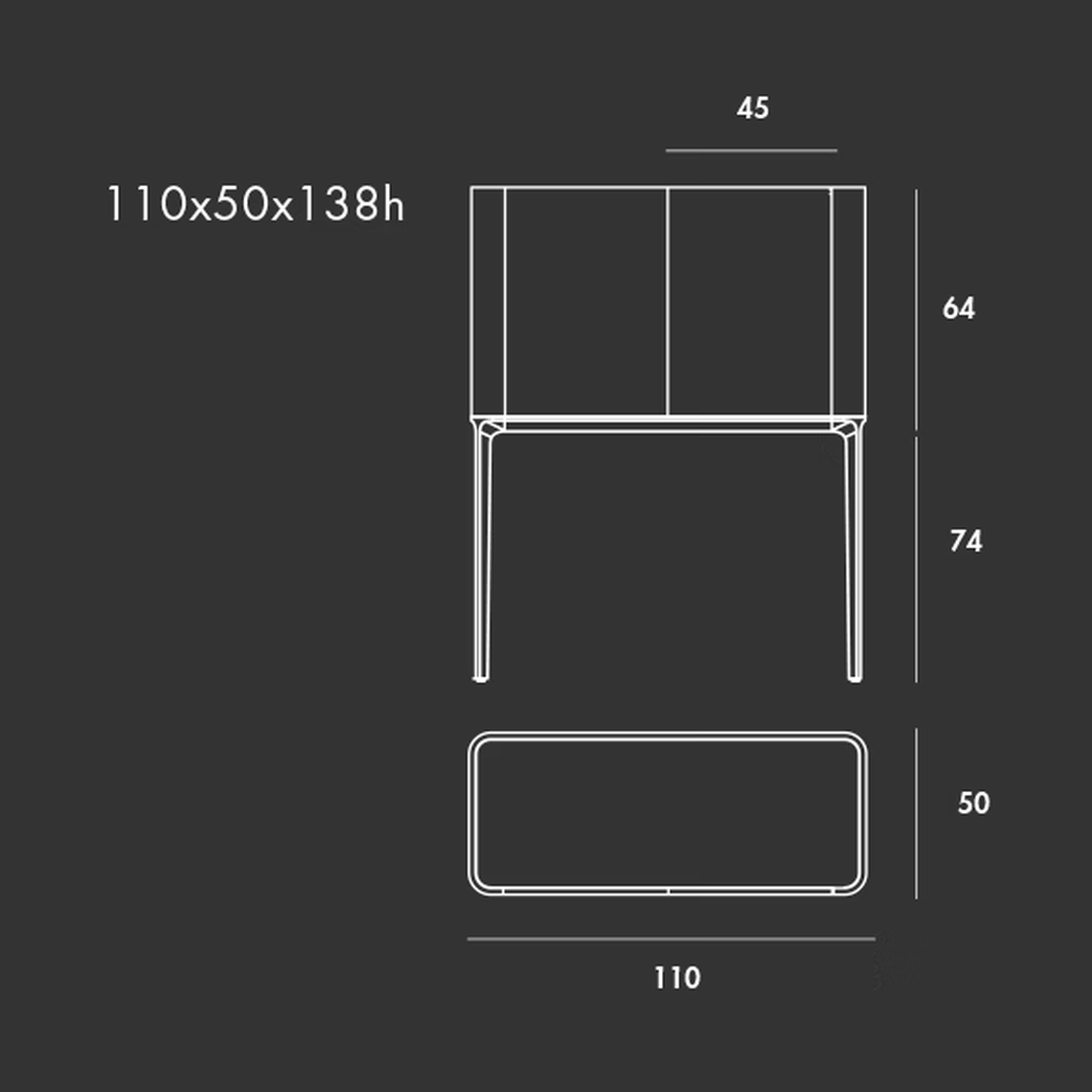 Slim Two-Door Sideboard by Sovet, size drawing: H 138