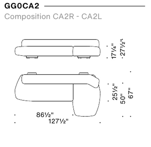 Gogan Sofa by Moroso, size drawing: Composition CA2R - CA2L