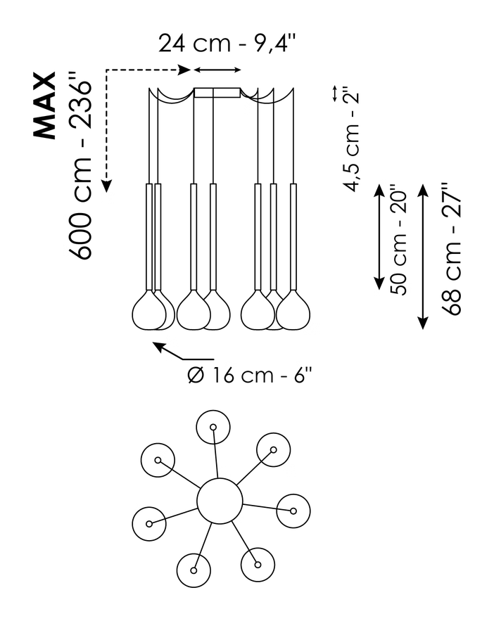 Sofì Pendant by Bonaldo, size drawing: 7 lights suspension