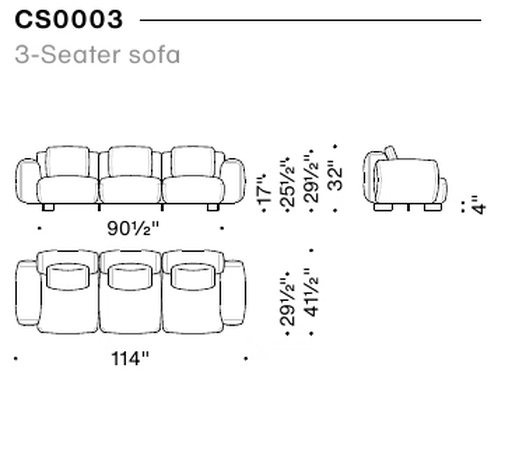 Cuadra-Soft Sofa by Moroso, size drawing: 3-Seater sofa