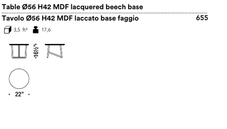 Klara Low Table by Moroso, size drawing: Table Ø56 H42 MDF lacquered beech base