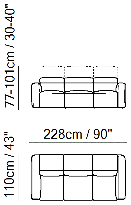 Domus Sectional by Natuzzi Italia: Large three-seater sofa, outline drawing with sizes