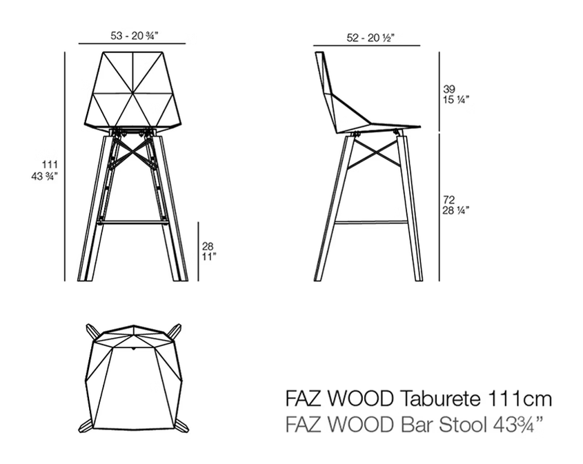 Faz Wood Stool by Vondom, size drawing