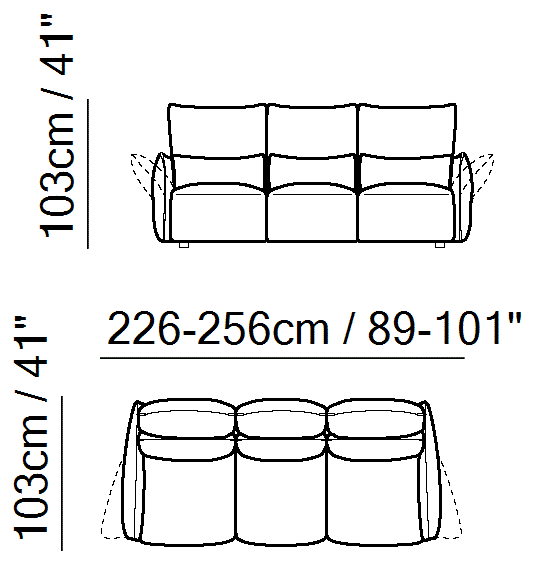 Wellbe Sectional by Natuzzi Italia: Large three-seater sofa, outline drawing with sizes