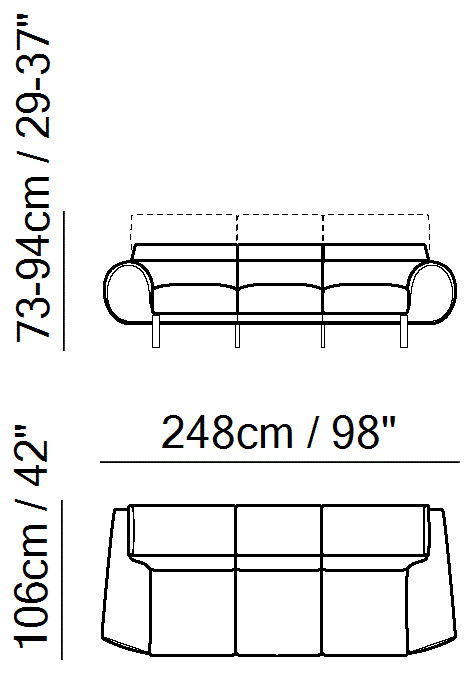 Plutone Sectional by Natuzzi Italia: Large Three-Seat Sofa, outline drawing with sizes
