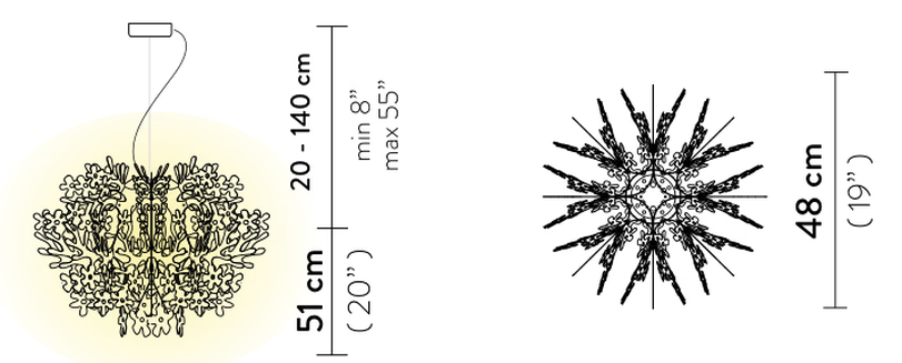 Fiorella Pendant Lamp by Slamp, size drawing: Fiorella Suspension Mini