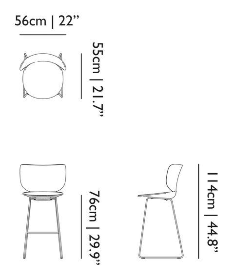 Hana Bar Stool Un-Upholstered Set of 2 by Moooi, size drawing: High