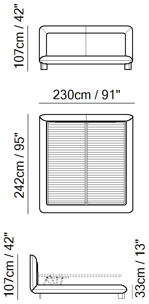 Flow Bed by Natuzzi Italia: Bed with split mesh electric 193X203, outline drawing with sizes