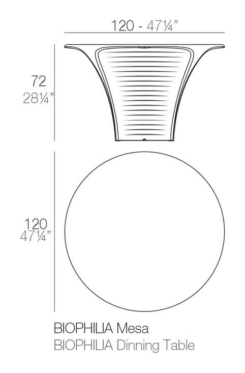 Biophilia Dining Table Ø120 × 72 by Vondom, size drawing