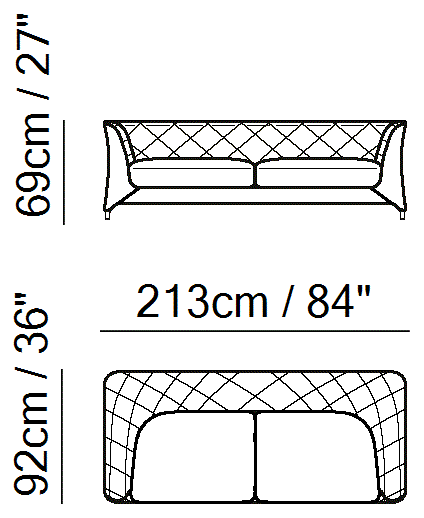 La Scala Sectional by Natuzzi Italia: Three-seater sofa, outline drawing with sizes